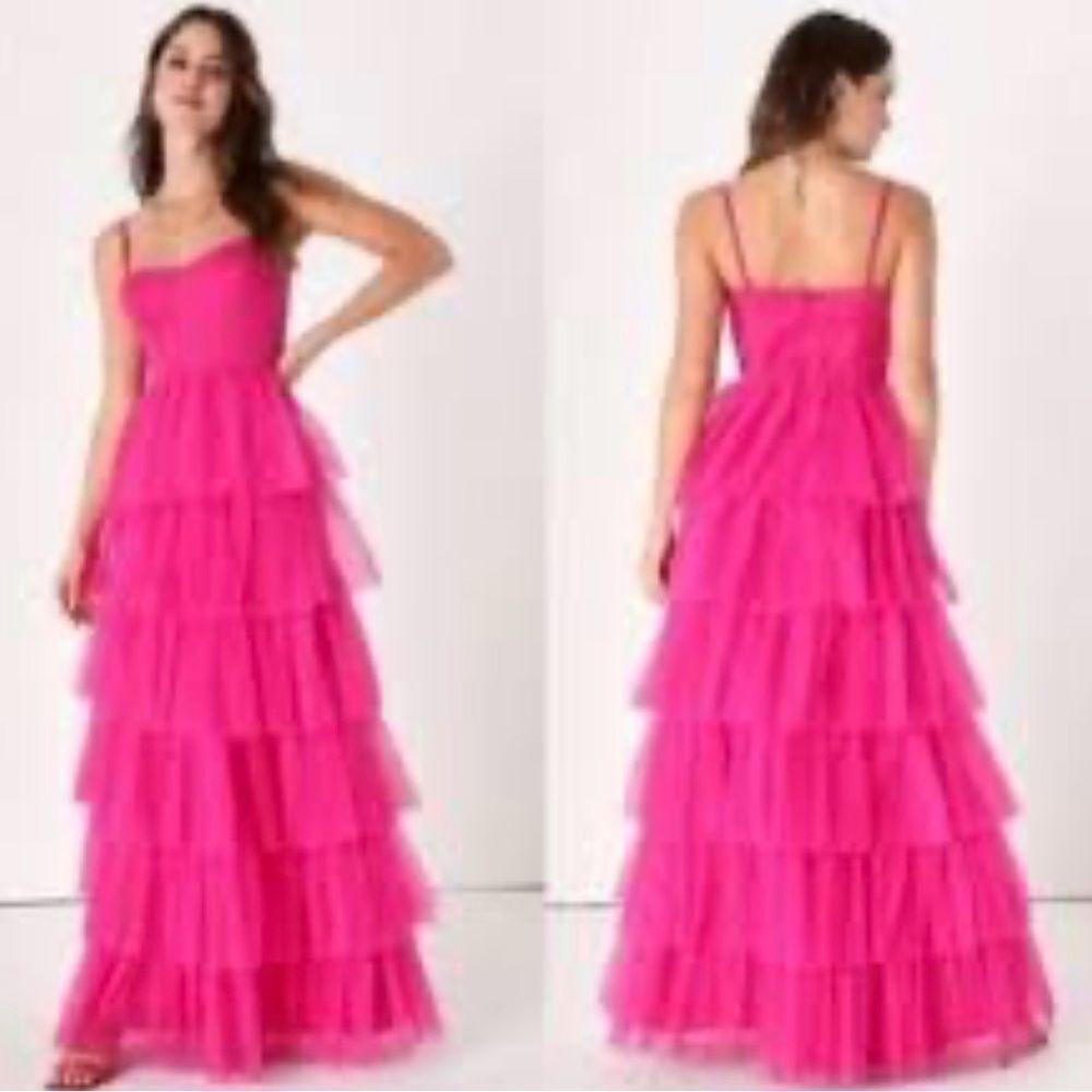 NWT Lulus Rule the Runway Hot Pink Tulle Bustier Maxi Dress M - Picture 3 of 8